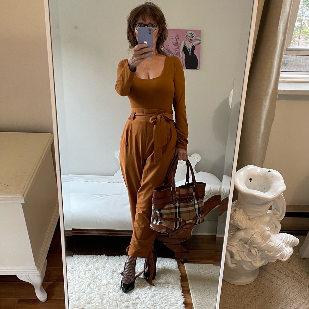 GRACE KARIN PAPER BAG PANTS ANKLE TIES STRETCH WAIST HIGH RISE BELT POCKETS RUST